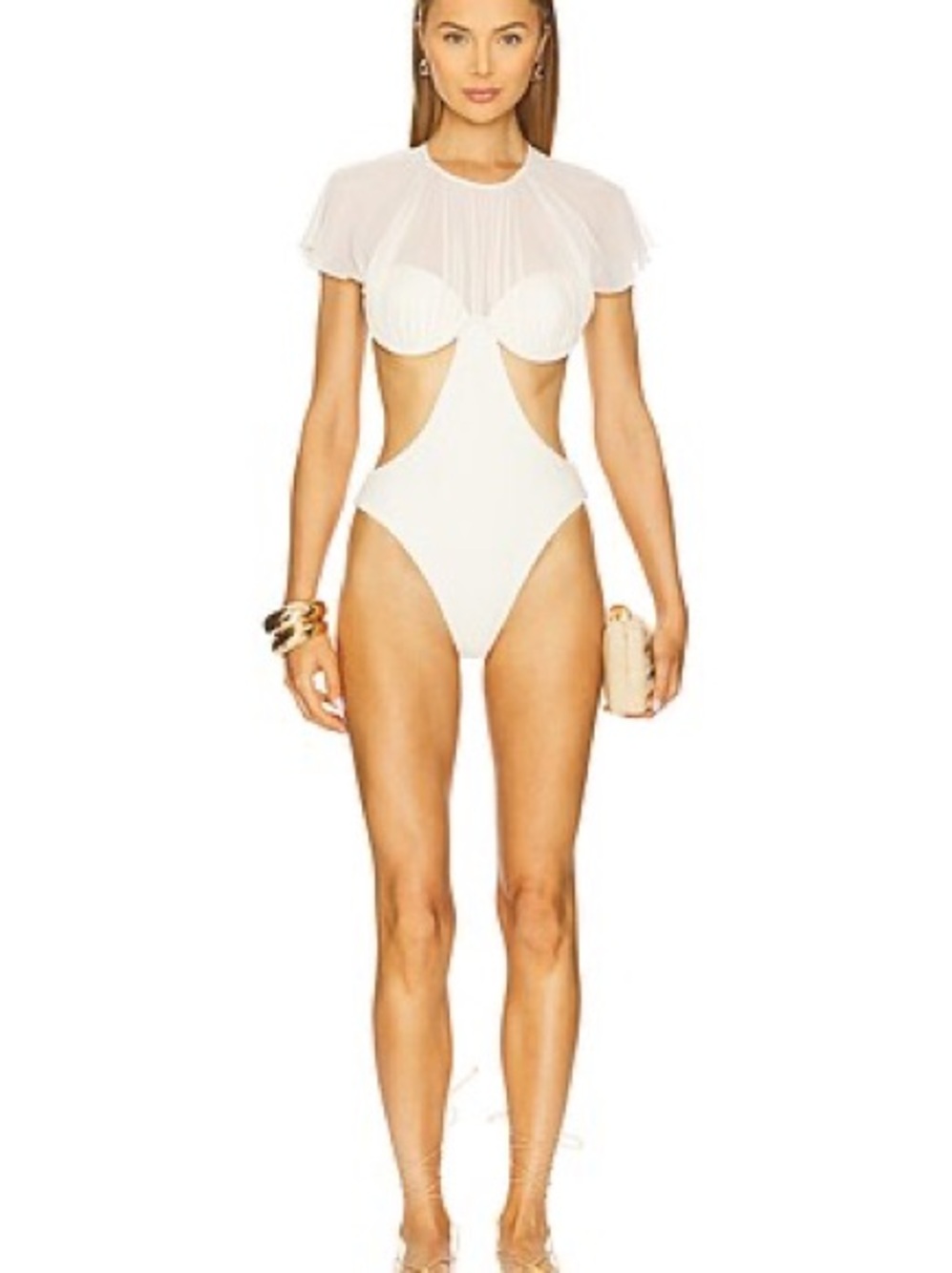 Andrea Iyamah Naru Cream Monokini Swimsuit with Sheer Overlay XL  NWOT